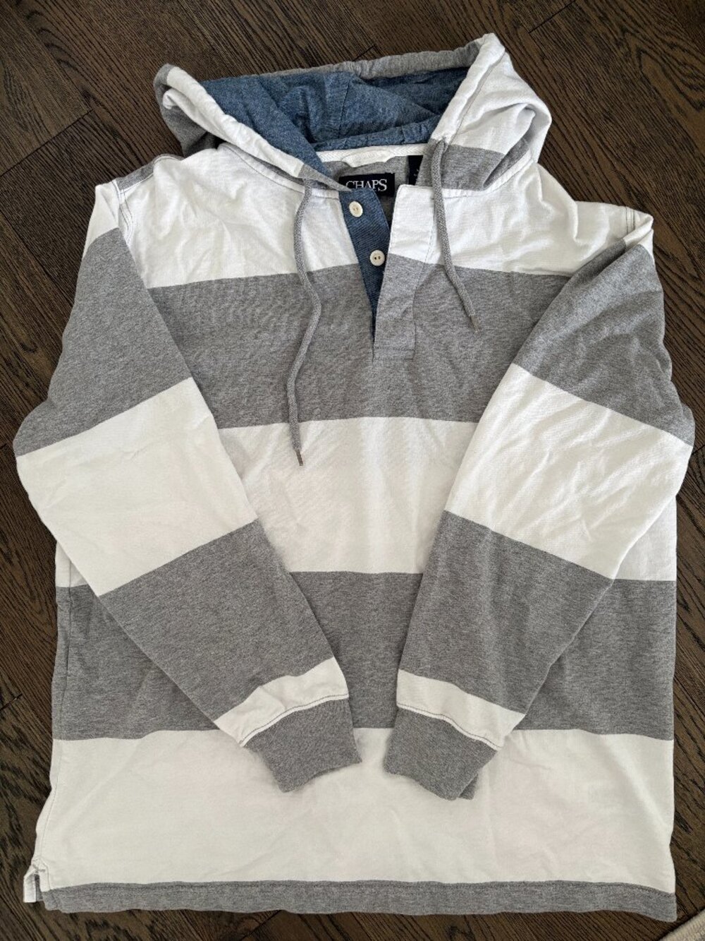 Chaps Gray and White Striped Hooded Rugby Pullover Academia Casual Everyday XL